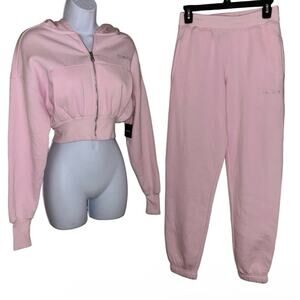 BEBE LACE PINK BLING CLEAR RHINESTONE FLEECE JOGGER TRACKSUIT SWEATSUIT XS NWT